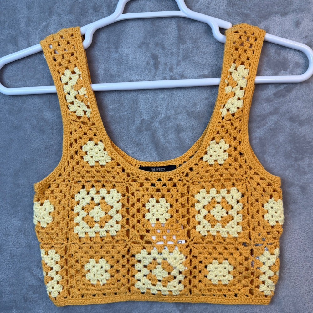 Forever 21 Mustard Yellow Crochet Granny Square Crop Top Tank Small‎ NWT